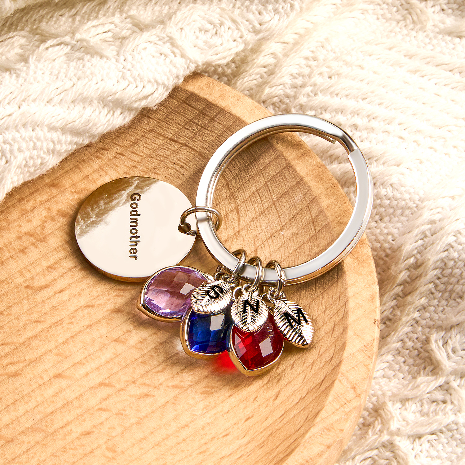 Custom Name Keychain Birthstone Keychain with Leaf Gift for Godmother Birthday Gift detail