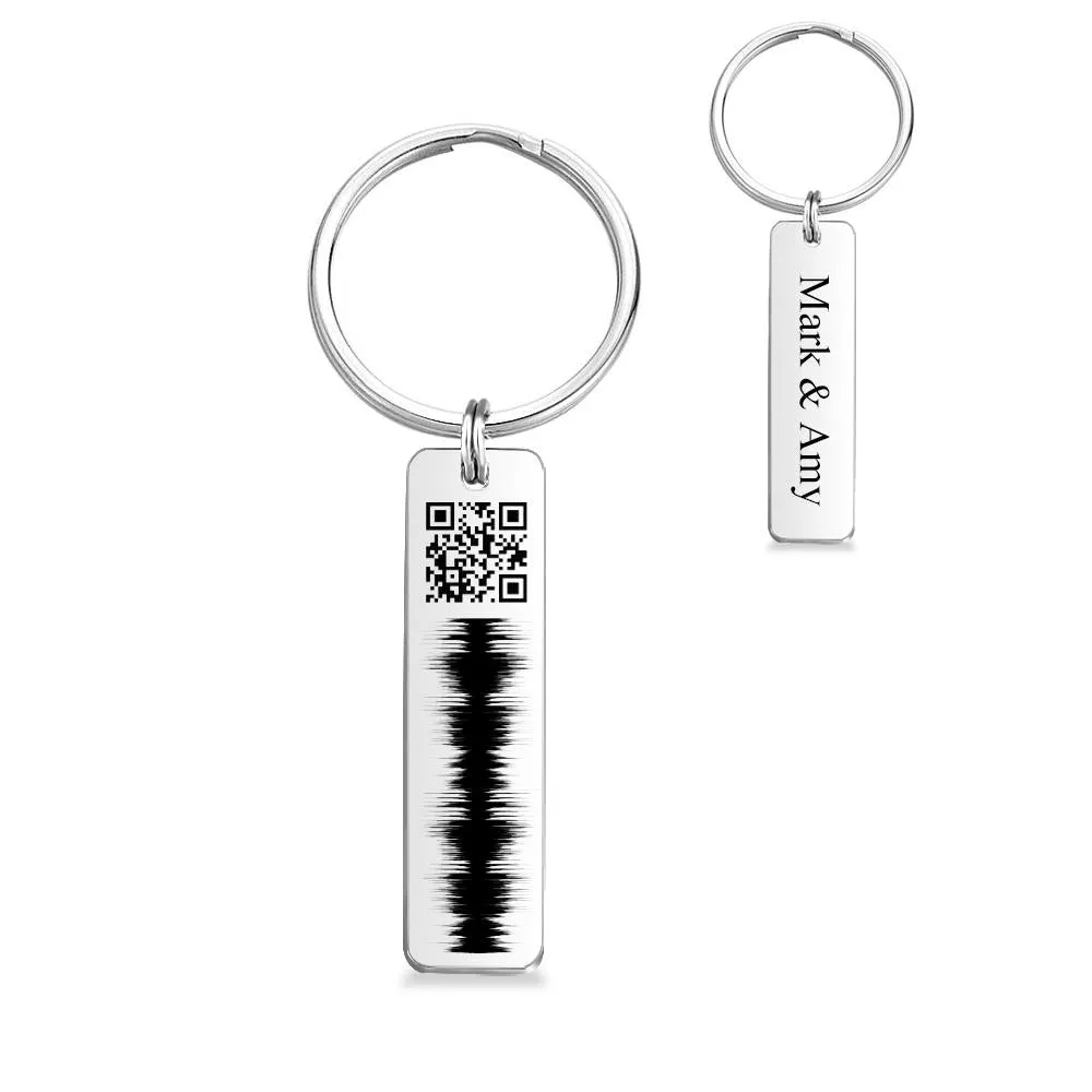 Custom Engraved QR code Keychain Scannable Code Sonic Audio Technology Gift Silver