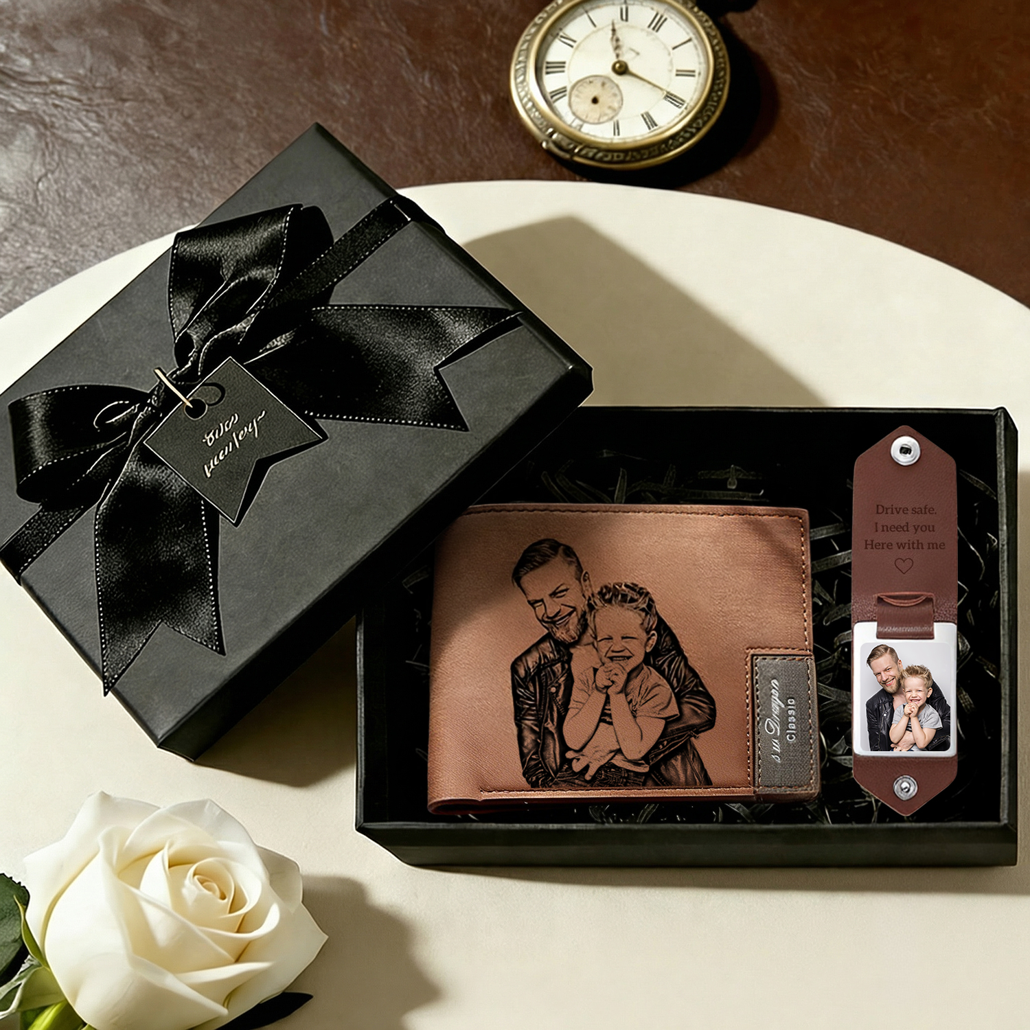 Custom Photo Wallet and Leather Photo Text Drive Safe Keychain Set Father's Day Gift for Him - soufeelus