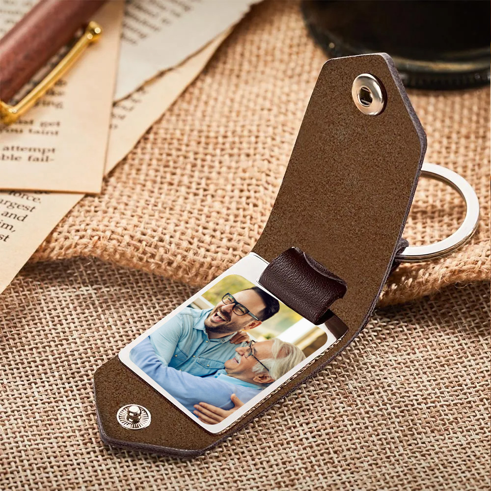 Custom Photo Keychain Engraved Keychains Leather Gifts For Father detail