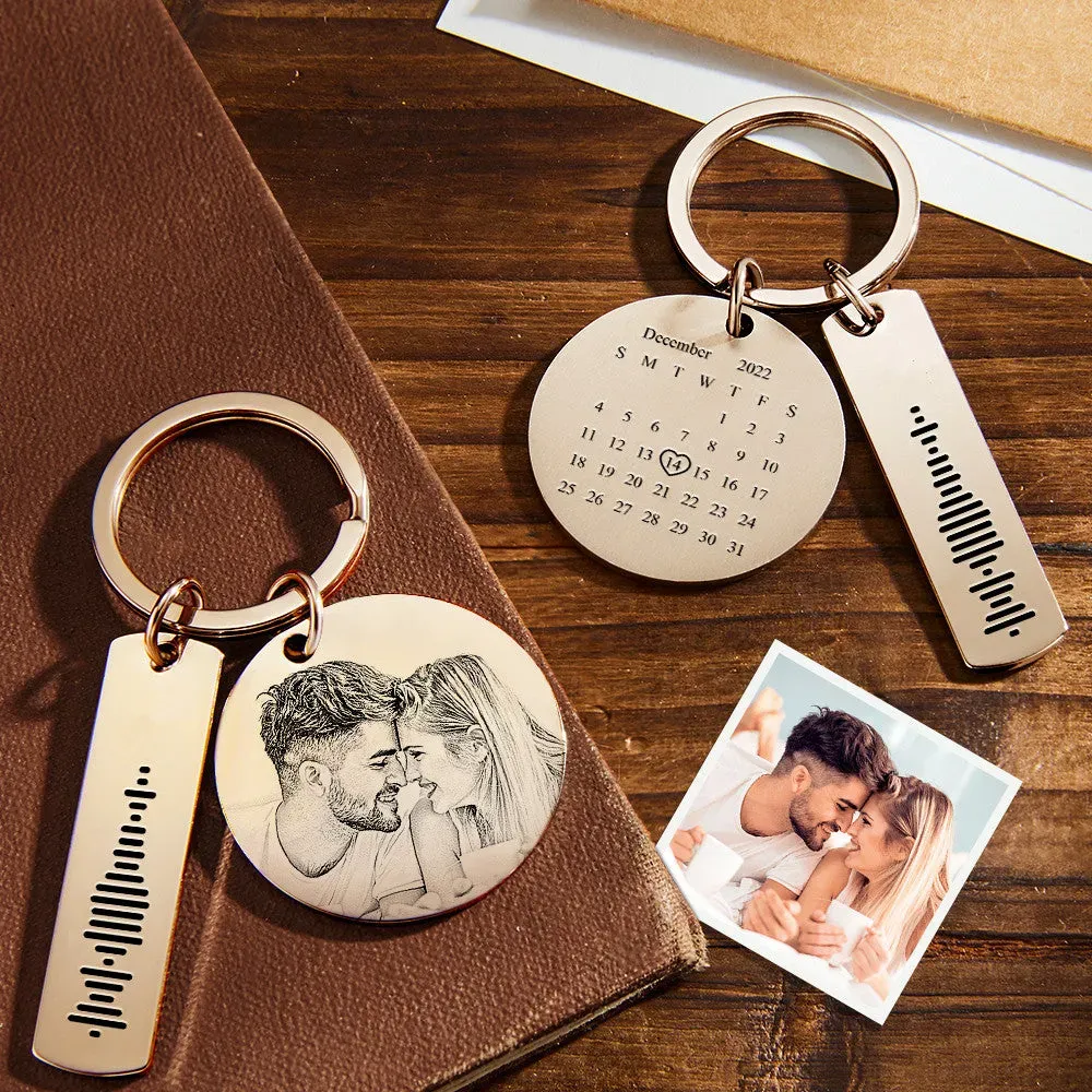 Personalized Calendar Keychain Special Day Significant Photo Heart Square Circle Shape Music Code Metal Keychain Anniversary Gift - soufeelus