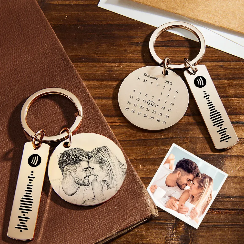 Personalized Calendar Keychain Special Day Significant Photo Heart Square Circle Shape Music Code Metal Keychain Anniversary Gift