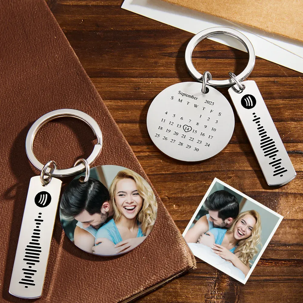 Personalized Calendar Keychain Special Day Significant Photo Heart Square Circle Shape Music Code Metal Keychain Anniversary Gift - soufeelus