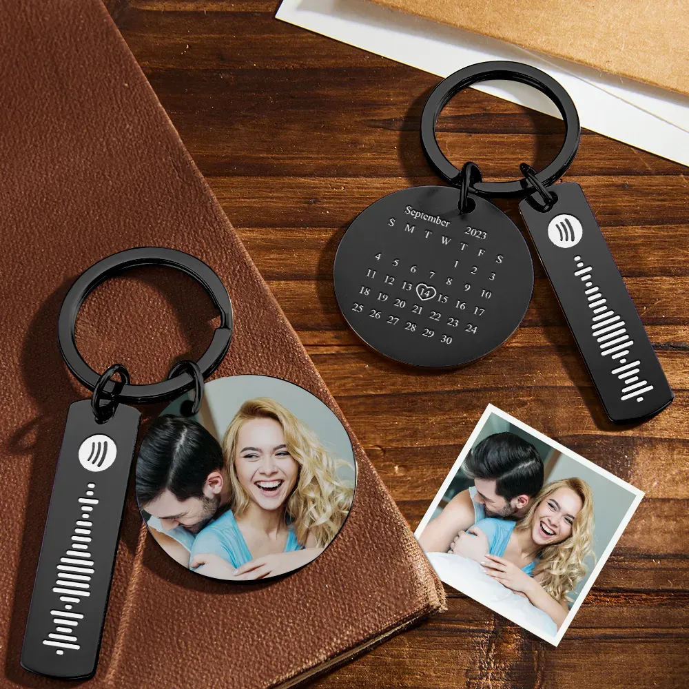 Personalized Calendar Keychain Special Day Significant Photo Heart Square Circle Shape Music Code Metal Keychain Anniversary Gift - soufeelus