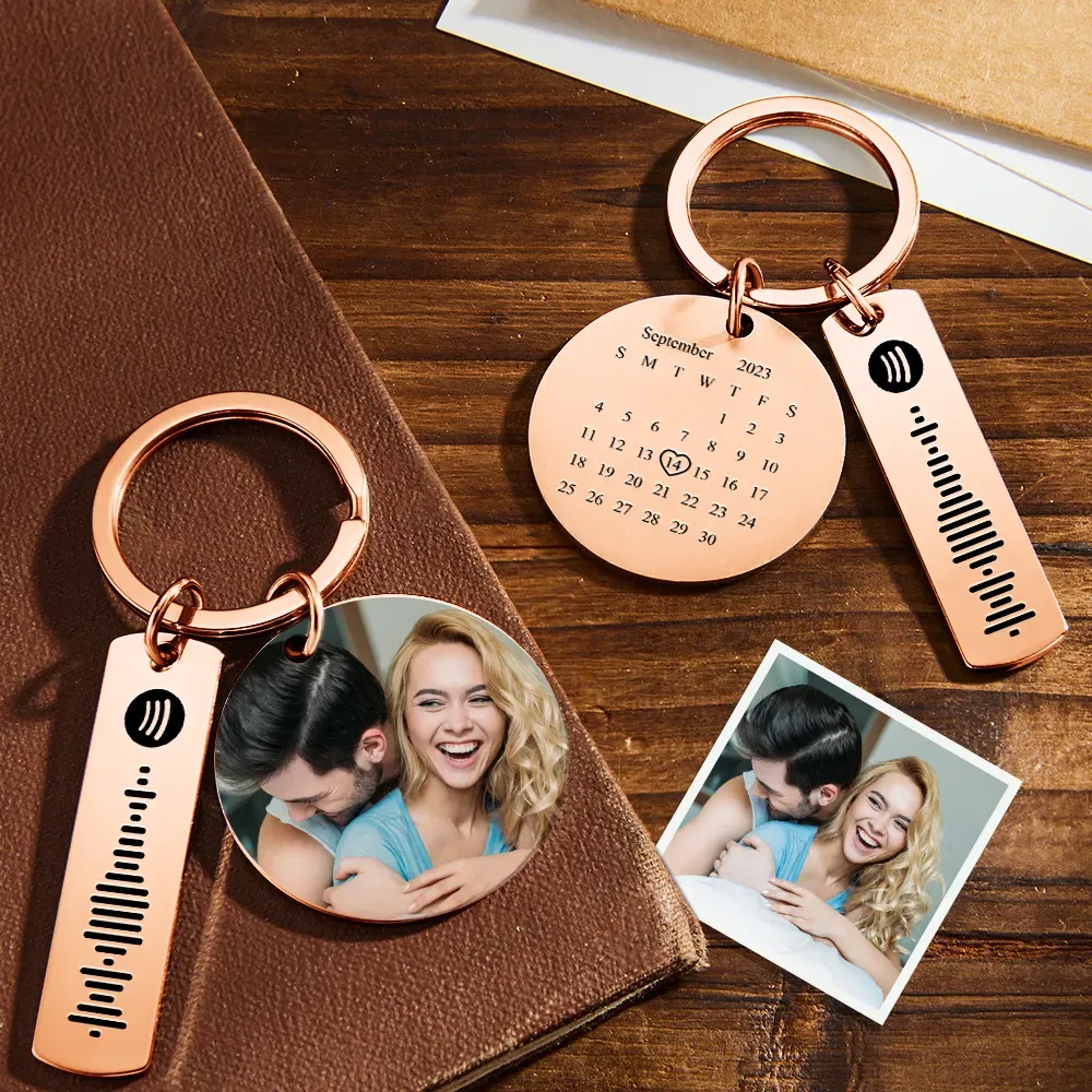 Personalized Calendar Keychain Special Day Significant Photo Heart Square Circle Shape Music Code Metal Keychain Anniversary Gift - soufeelus