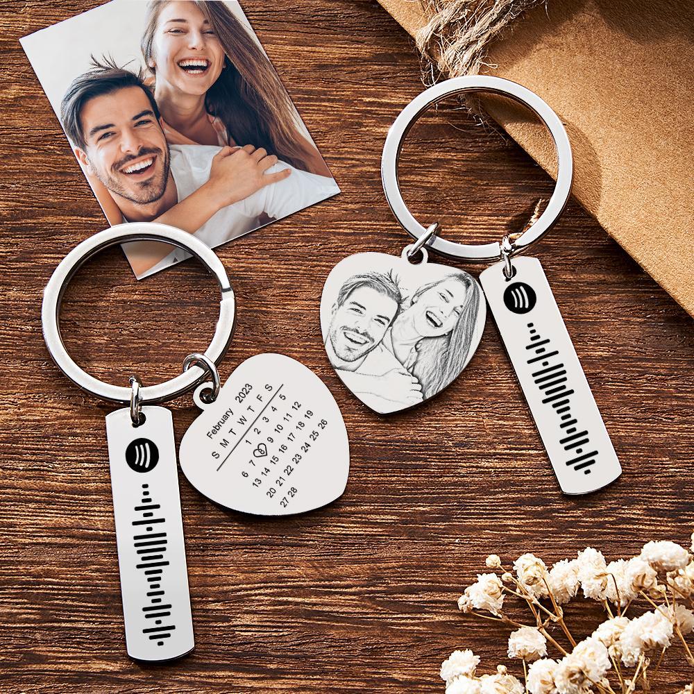 Personalized Calendar Keychain Special Day Significant Photo Heart Square Shape Music Code Metal Keychain Anniversary Gift - soufeelus