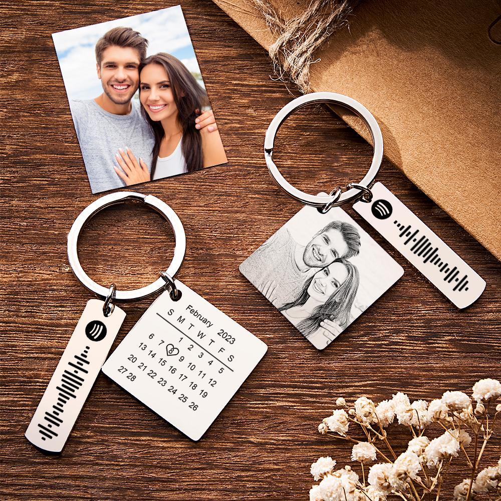 Personalized Calendar Keychain Special Day Significant Photo Heart Square Circle Shape Music Code Metal Keychain Anniversary Gift - soufeelus