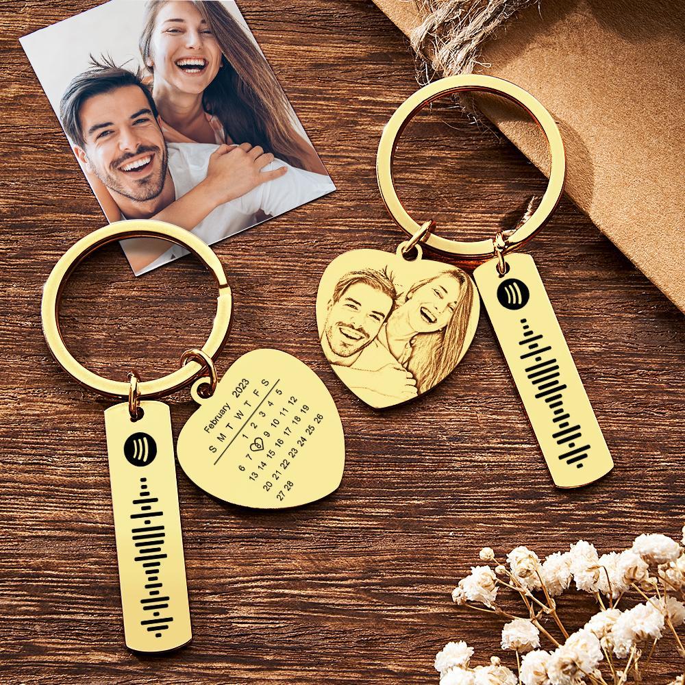 Personalized Calendar Keychain Special Day Significant Photo Heart Square Circle Shape Music Code Metal Keychain Anniversary Gift - soufeelus