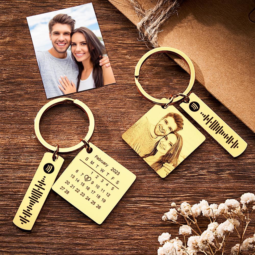 Personalized Calendar Keychain Special Day Significant Photo Heart Square Circle Shape Music Code Metal Keychain Anniversary Gift - soufeelus