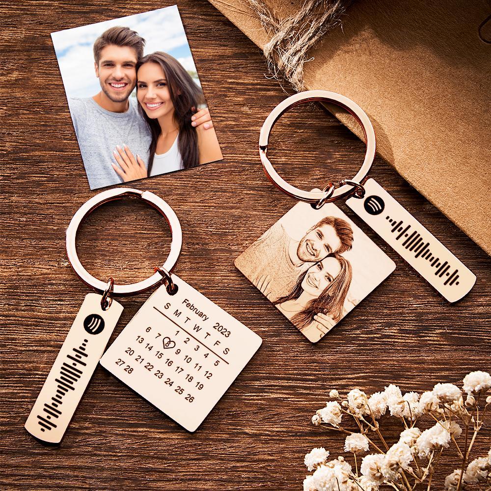 Personalized Calendar Keychain Special Day Significant Photo Heart Square Shape Music Code Metal Keychain Anniversary Gift - soufeelus