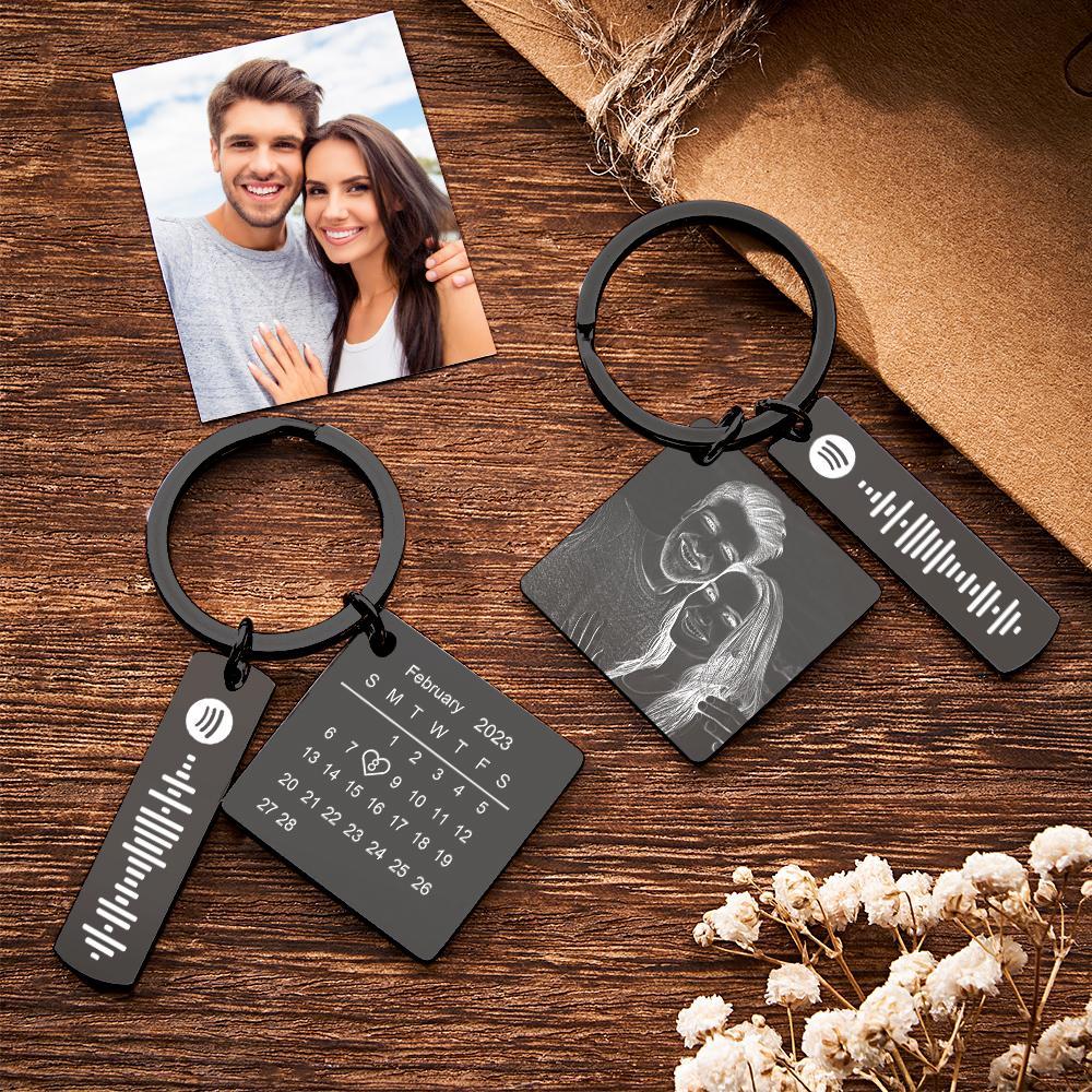 Personalized Calendar Keychain Special Day Significant Photo Heart Square Shape Music Code Metal Keychain Anniversary Gift - soufeelus