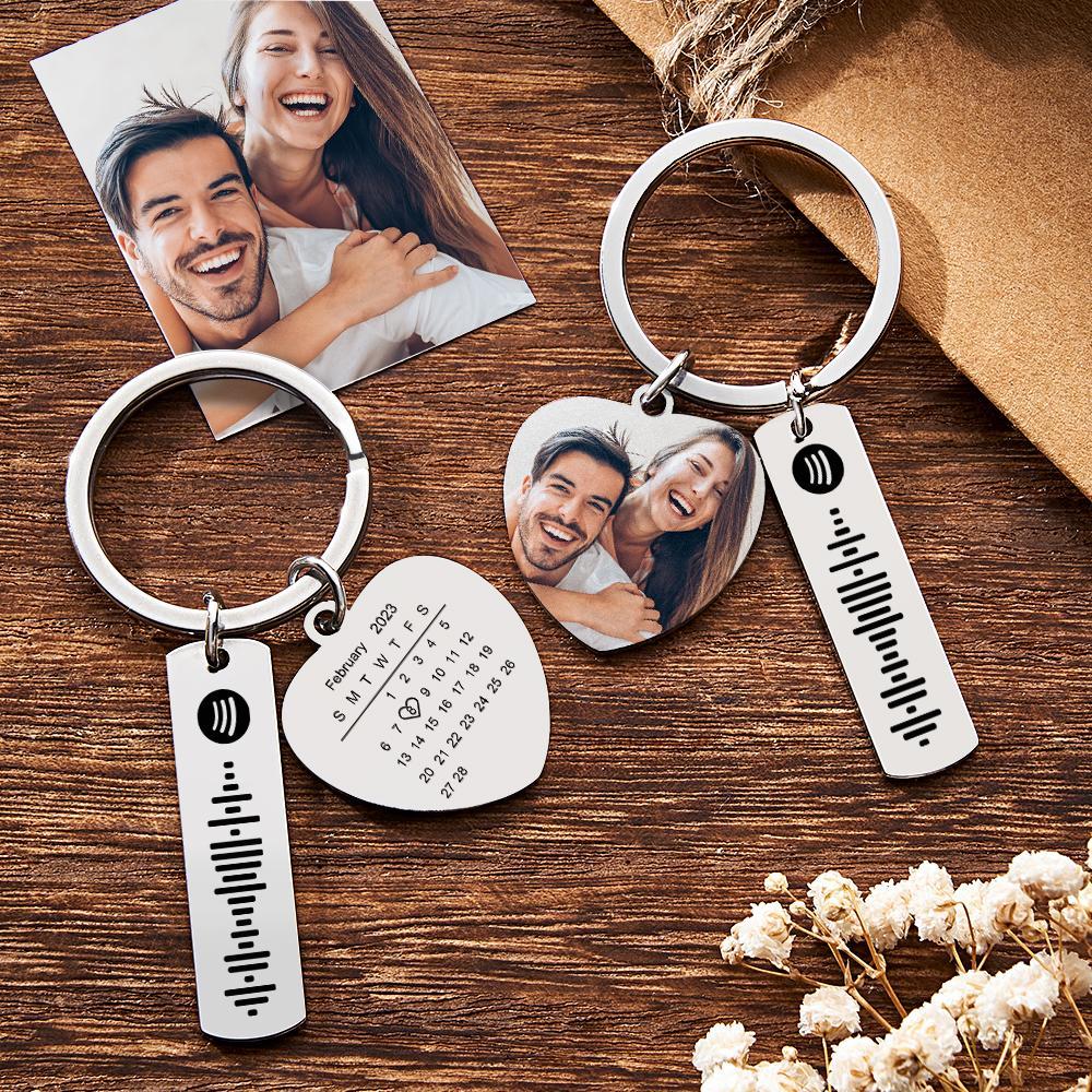 Personalized Calendar Keychain Special Day Significant Photo Heart Square Shape Music Code Metal Keychain Anniversary Gift
