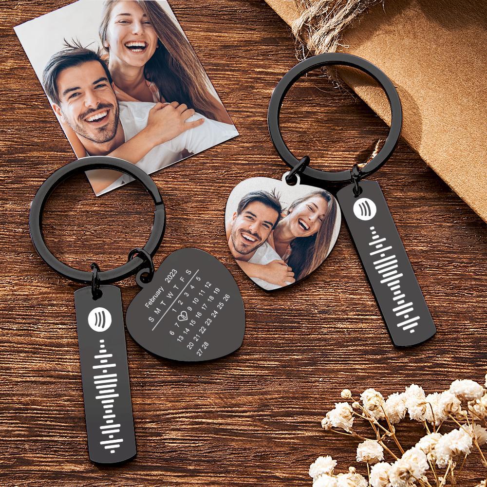 Personalized Calendar Keychain Special Day Significant Photo Heart Square Shape Music Code Metal Keychain Anniversary Gift - soufeelus