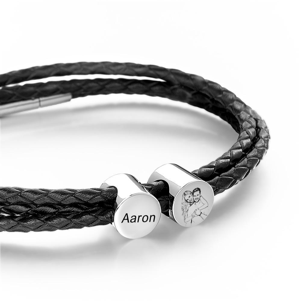 Personalized Photo Leather Bracelet with Kids Names Custom 2-6 Beads Bracelet Mens Leather Bracelet Gift for Dad - soufeelus