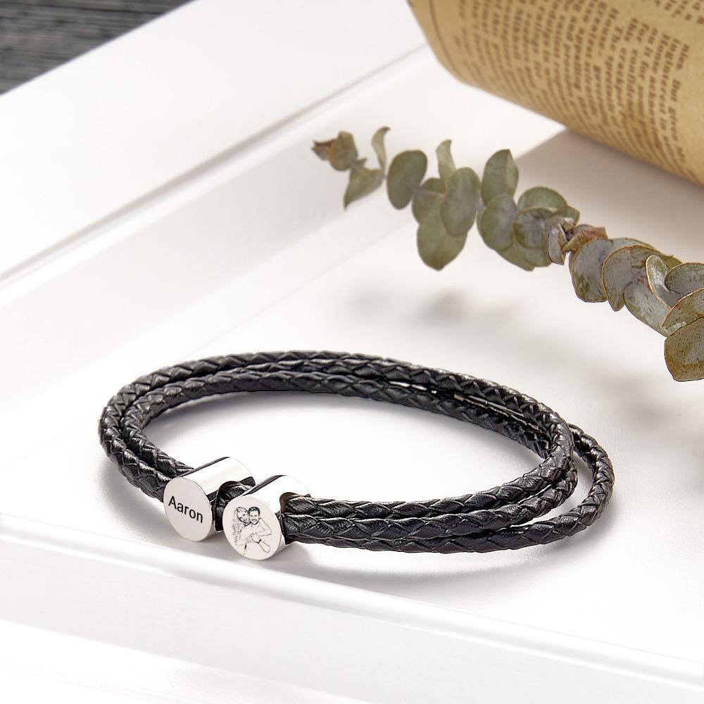 Personalized Photo Leather Bracelet with Kids Names Custom 2-6 Beads Bracelet Mens Leather Bracelet Gift for Dad - soufeelus