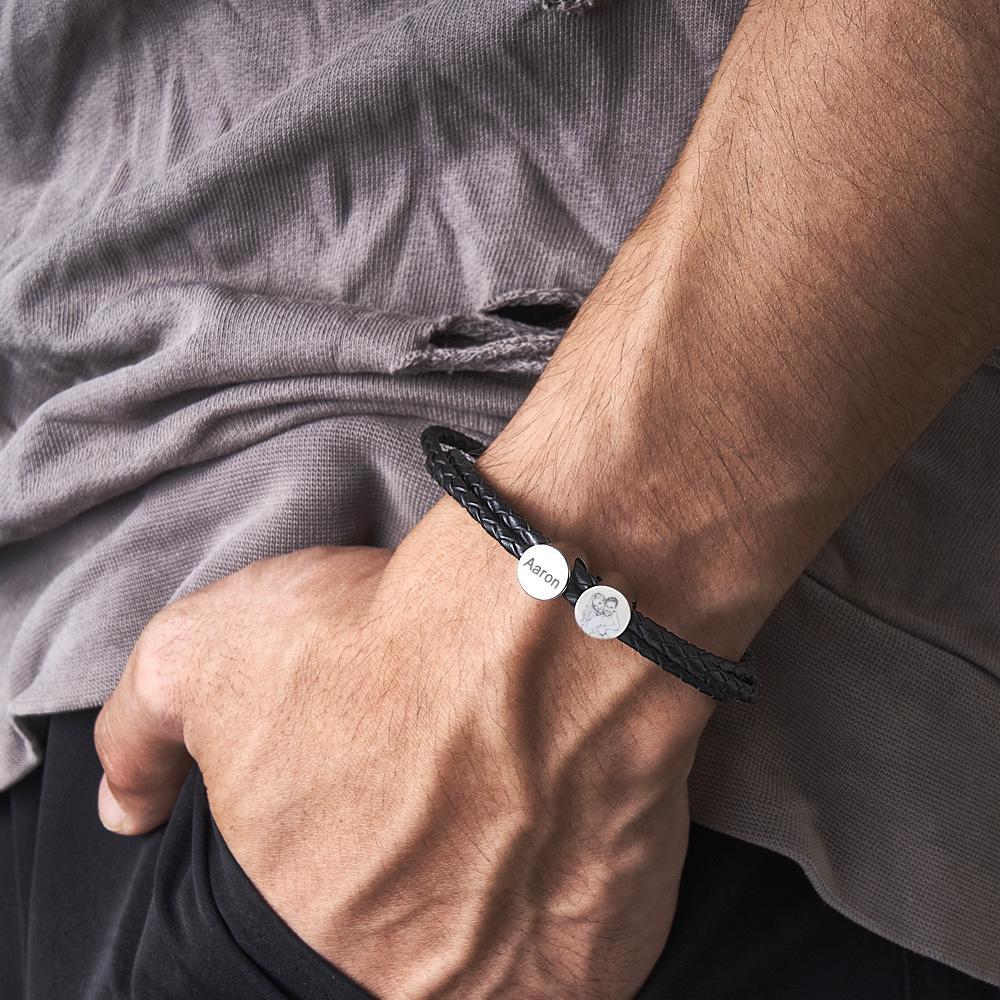 Personalized Photo Leather Bracelet with Kids Names Custom 2-6 Beads Bracelet Mens Leather Bracelet Gift for Dad - soufeelus