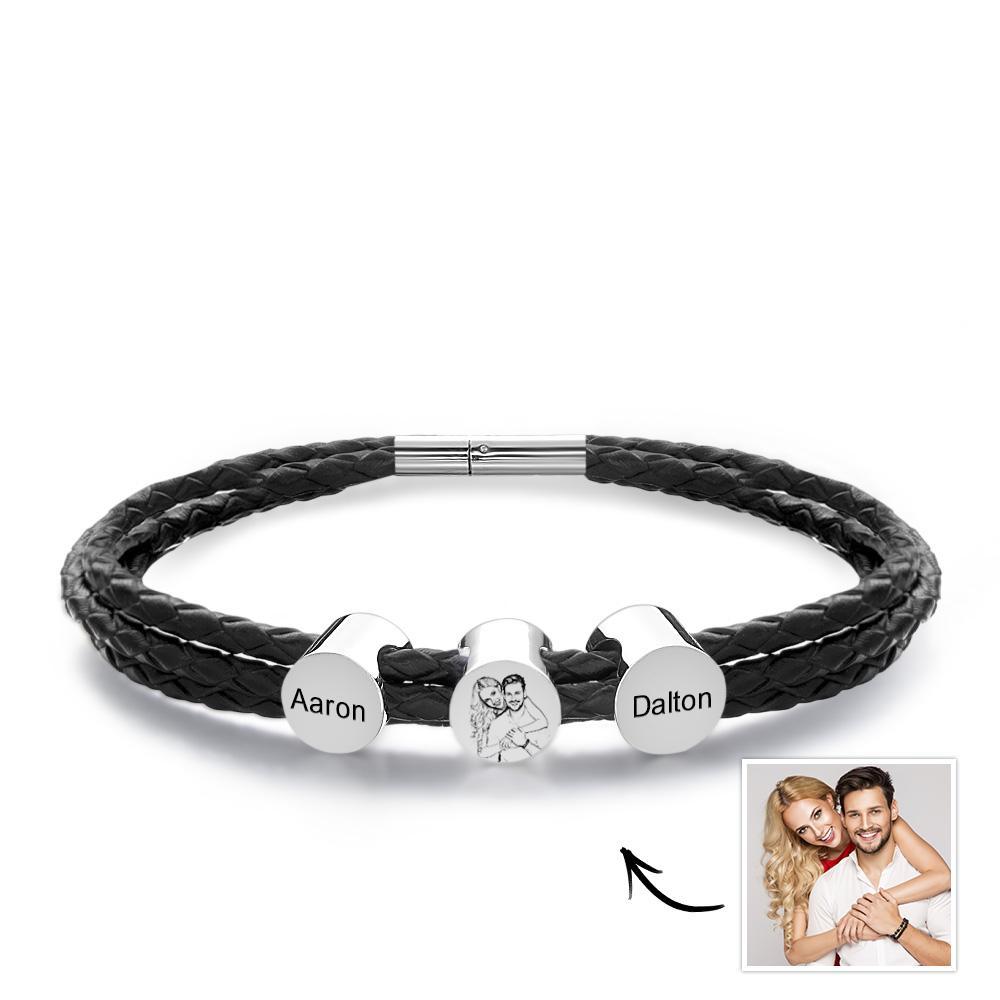 Personalized Photo Leather Bracelet with Kids Names Custom 2-6 Beads Bracelet Mens Leather Bracelet Gift for Dad - soufeelus