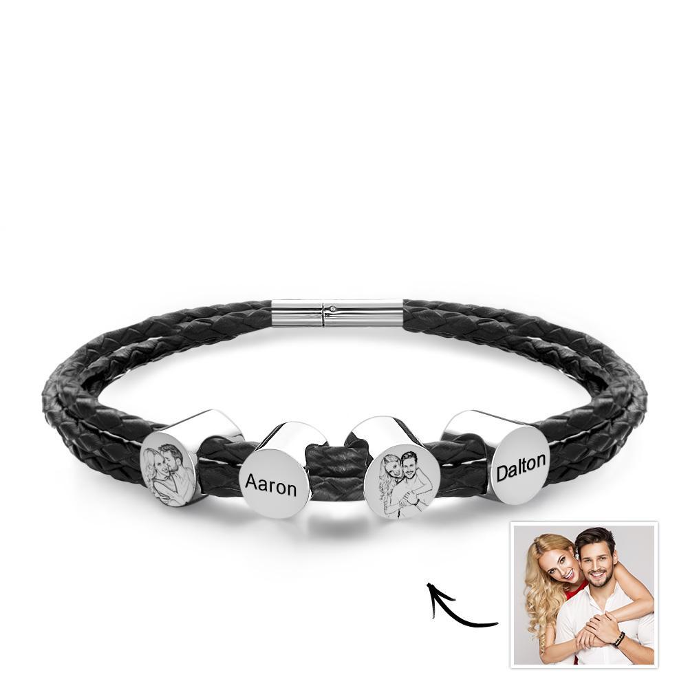 Personalized Photo Leather Bracelet with Kids Names Custom 2-6 Beads Bracelet Mens Leather Bracelet Gift for Dad - soufeelus