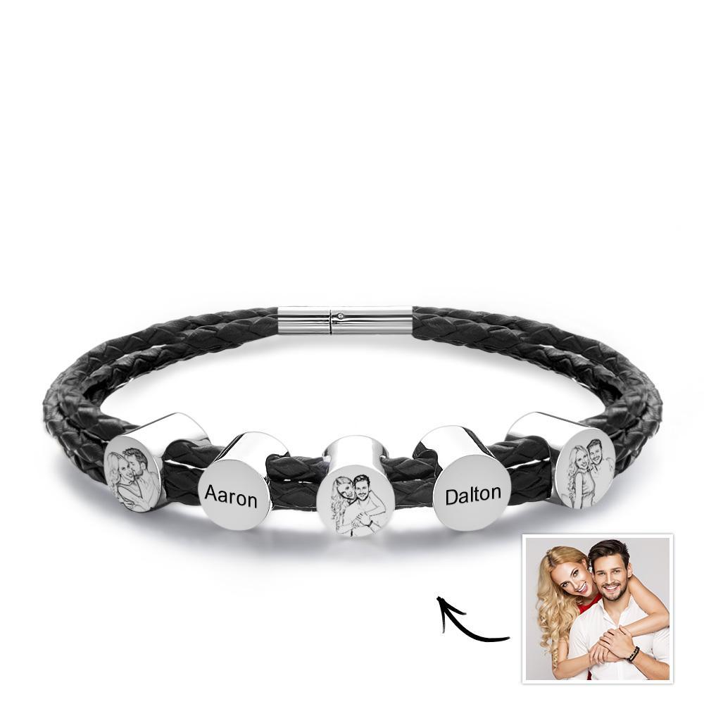 Personalized Photo Leather Bracelet with Kids Names Custom 2-6 Beads Bracelet Mens Leather Bracelet Gift for Dad - soufeelus