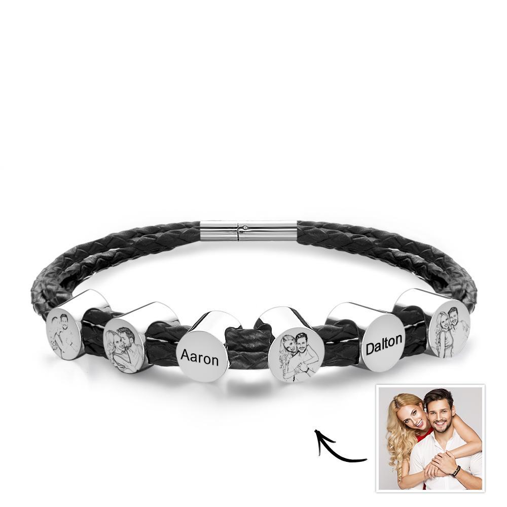 Personalized Photo Leather Bracelet with Kids Names Custom 2-6 Beads Bracelet Mens Leather Bracelet Gift for Dad - soufeelus