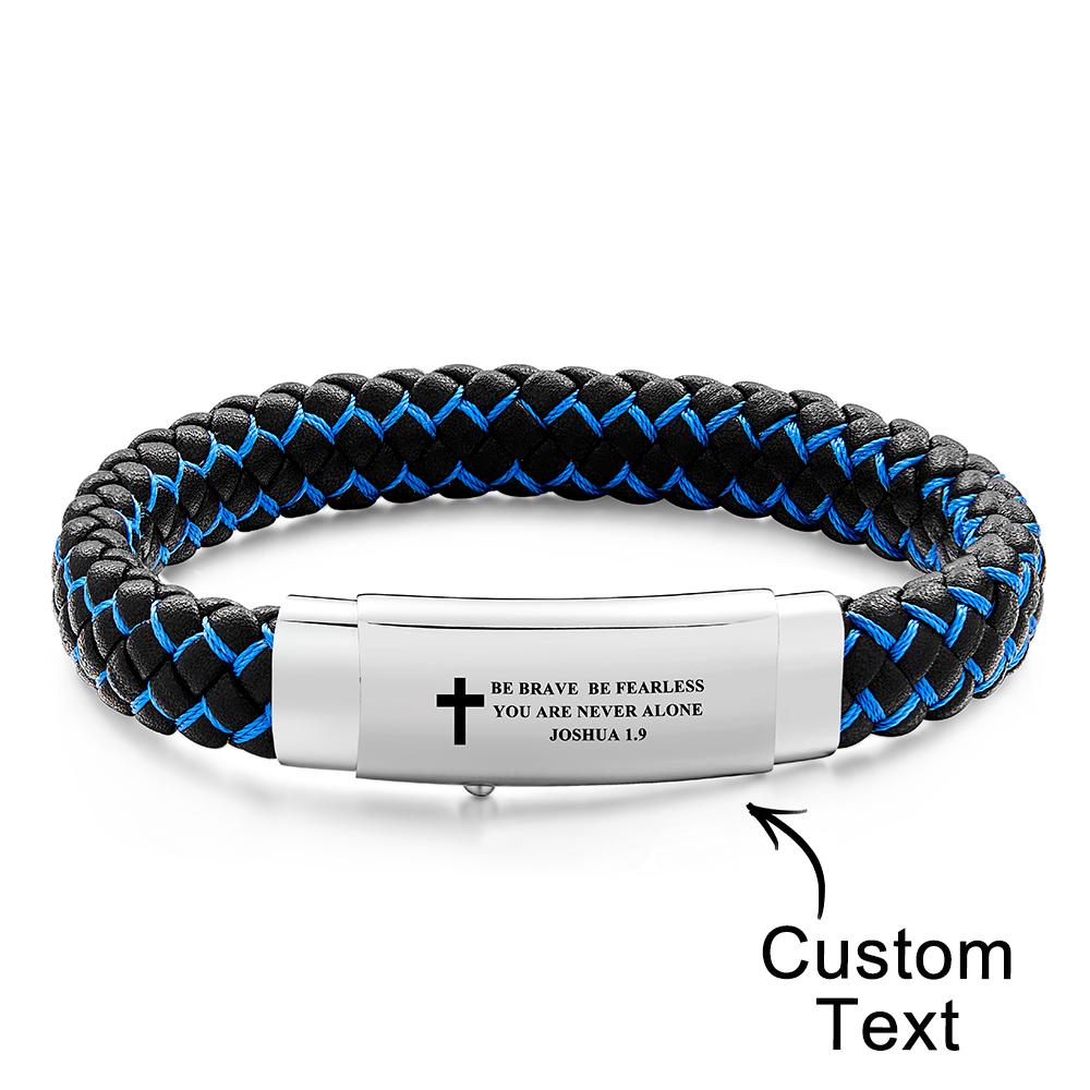 Men's Inspirational Mantra Engraved Handmade Blue Braided Leather Adjustable Cuff Bangle Bracelet - soufeelus