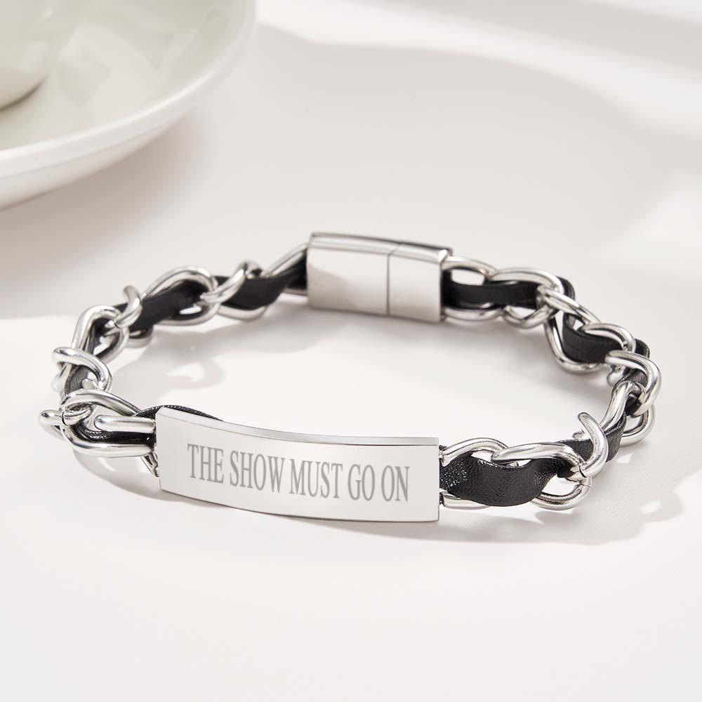 Silver Chain and Leather ID Plate Bracelet Customized Text Stainless Steel Chain Gift for Dad - soufeelus