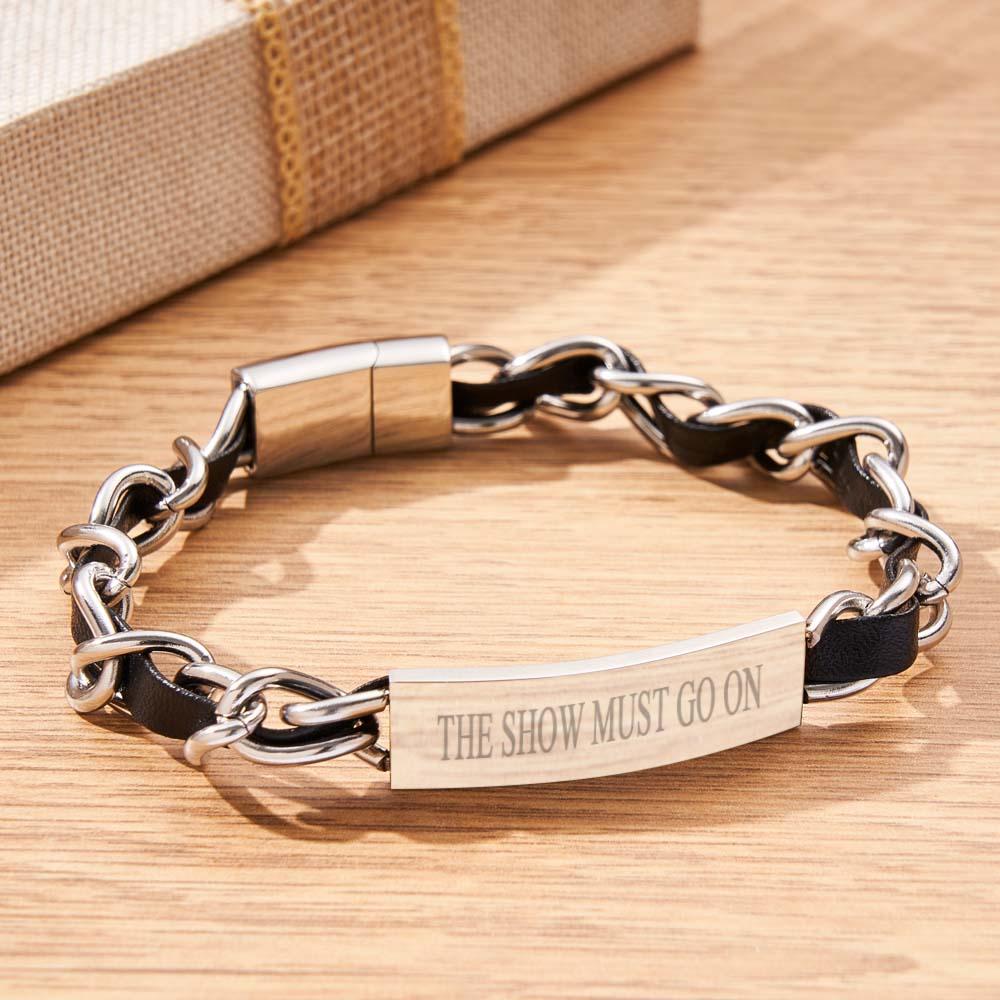 Silver Chain and Leather ID Plate Bracelet Customized Text Stainless Steel Chain Gift for Dad detail