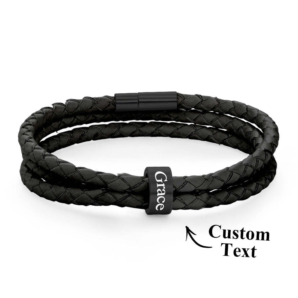 Men Braided Leather Bracelet with Small Custom Beads - soufeelus