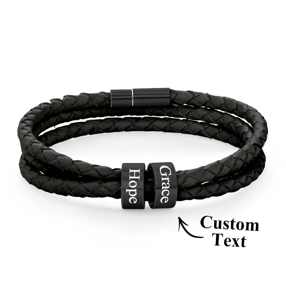 Men Braided Leather Bracelet with Small Custom Beads - soufeelus