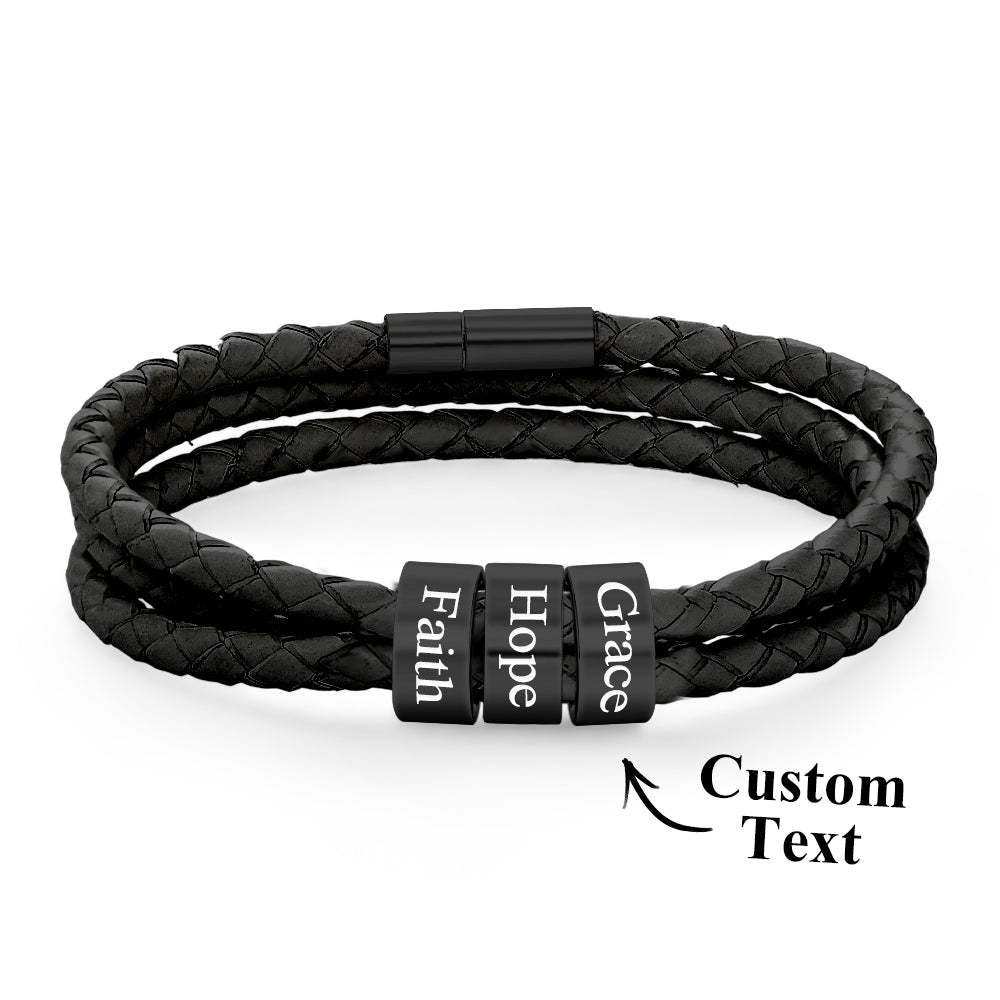 Men Braided Leather Bracelet with Small Custom Beads - soufeelus