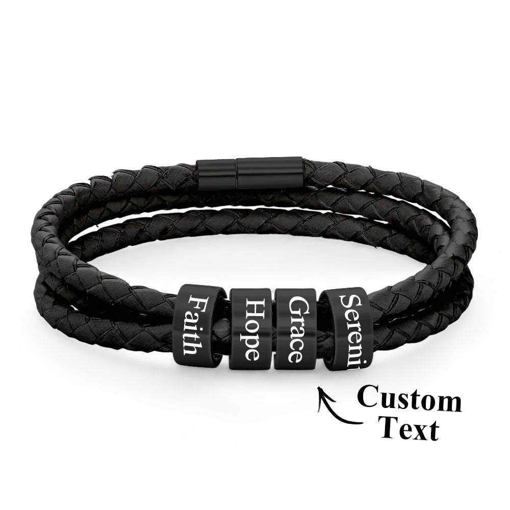 Men Braided Leather Bracelet with Small Custom Beads - soufeelus