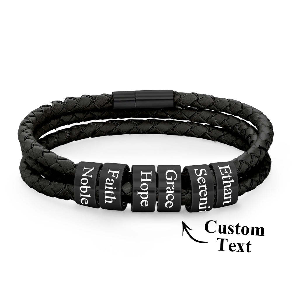 Men Braided Leather Bracelet with Small Custom Beads - soufeelus