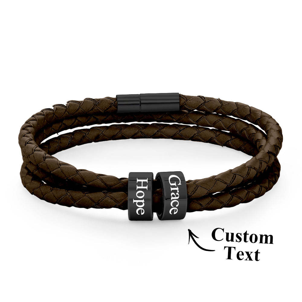 Men Braided Leather Bracelet with Small Custom Beads - soufeelus