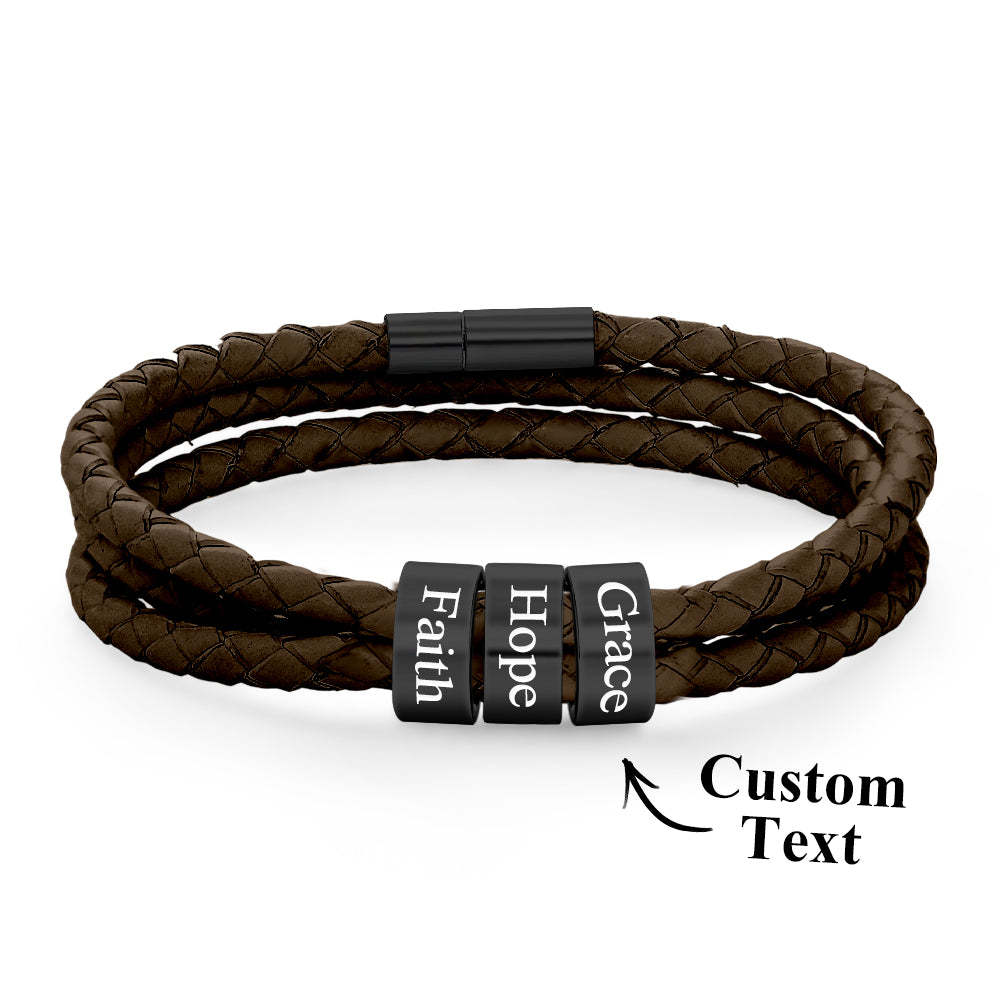 Men Braided Leather Bracelet with Small Custom Beads - soufeelus