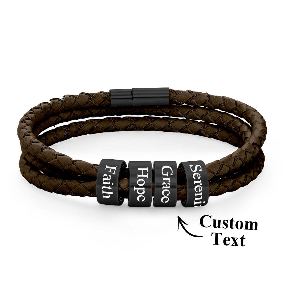 Men Braided Leather Bracelet with Small Custom Beads - soufeelus