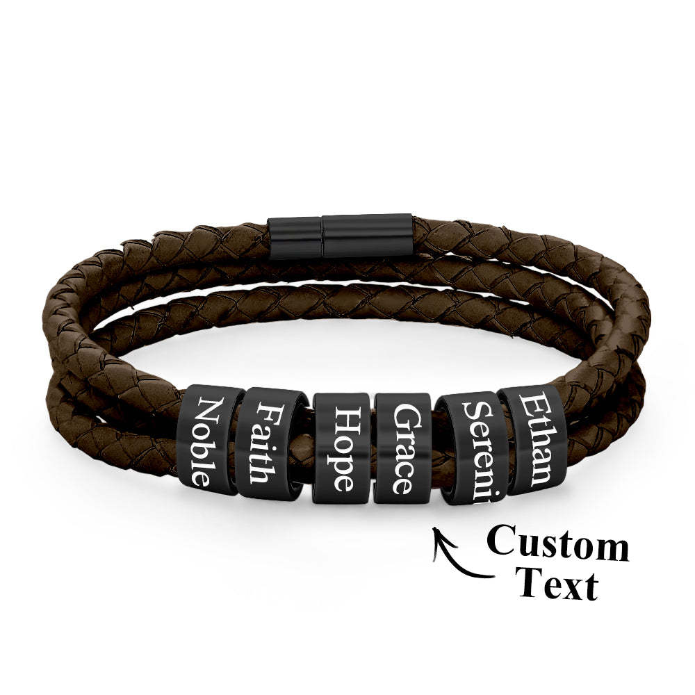 Men Braided Leather Bracelet with Small Custom Beads - soufeelus