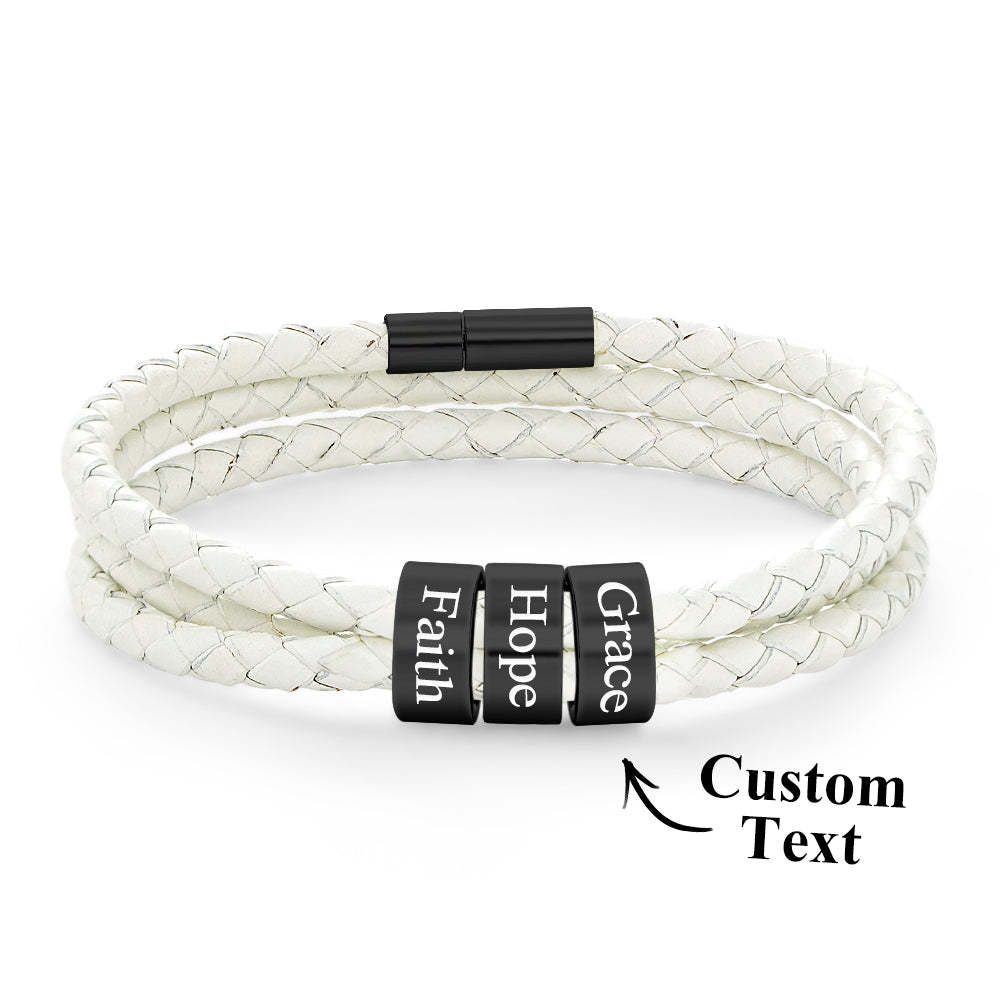 Men Braided Leather Bracelet with Small Custom Beads - soufeelus
