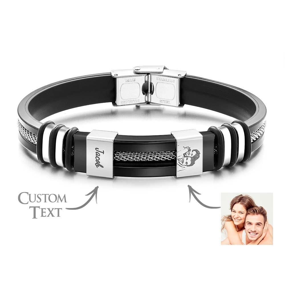 Mens Silicone Photo Bracelet with text Custom Family Photo Gifts for Dad Personalised Gift for Him - soufeelus