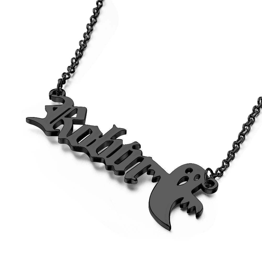 Personalized Ghost Name Necklace Custom Old English Gothic Font Pendant Necklace Minimalist Ghost Jewelry Spooky Halloween Gift for Kids - soufeelus