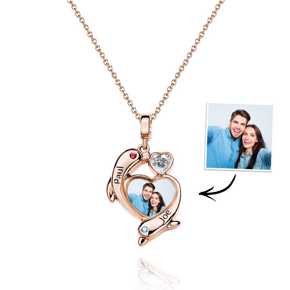 Personalized Photo Dolphin Birthstone Necklace Valentine's Day Gifts For Couples - soufeelus