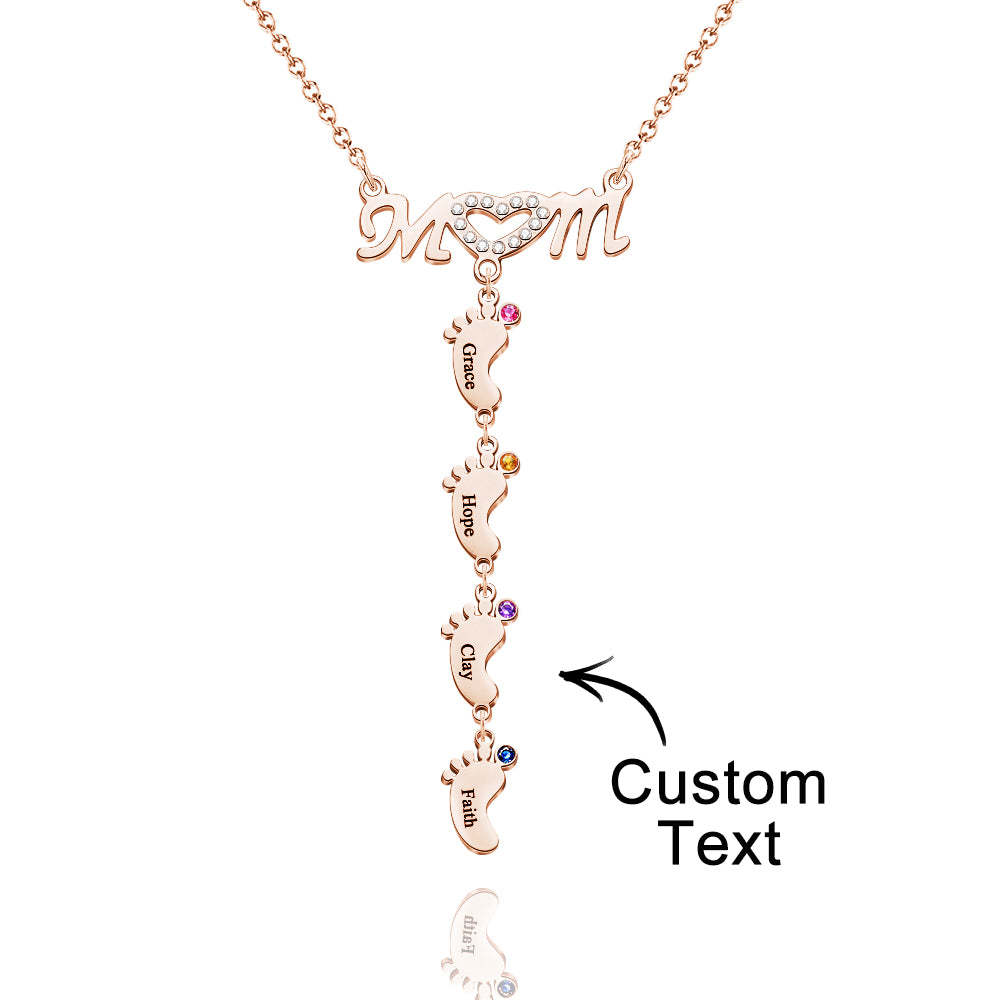 Mother's Necklace With Small Custom Name & Birthstone Baby Foot Charms - soufeelus