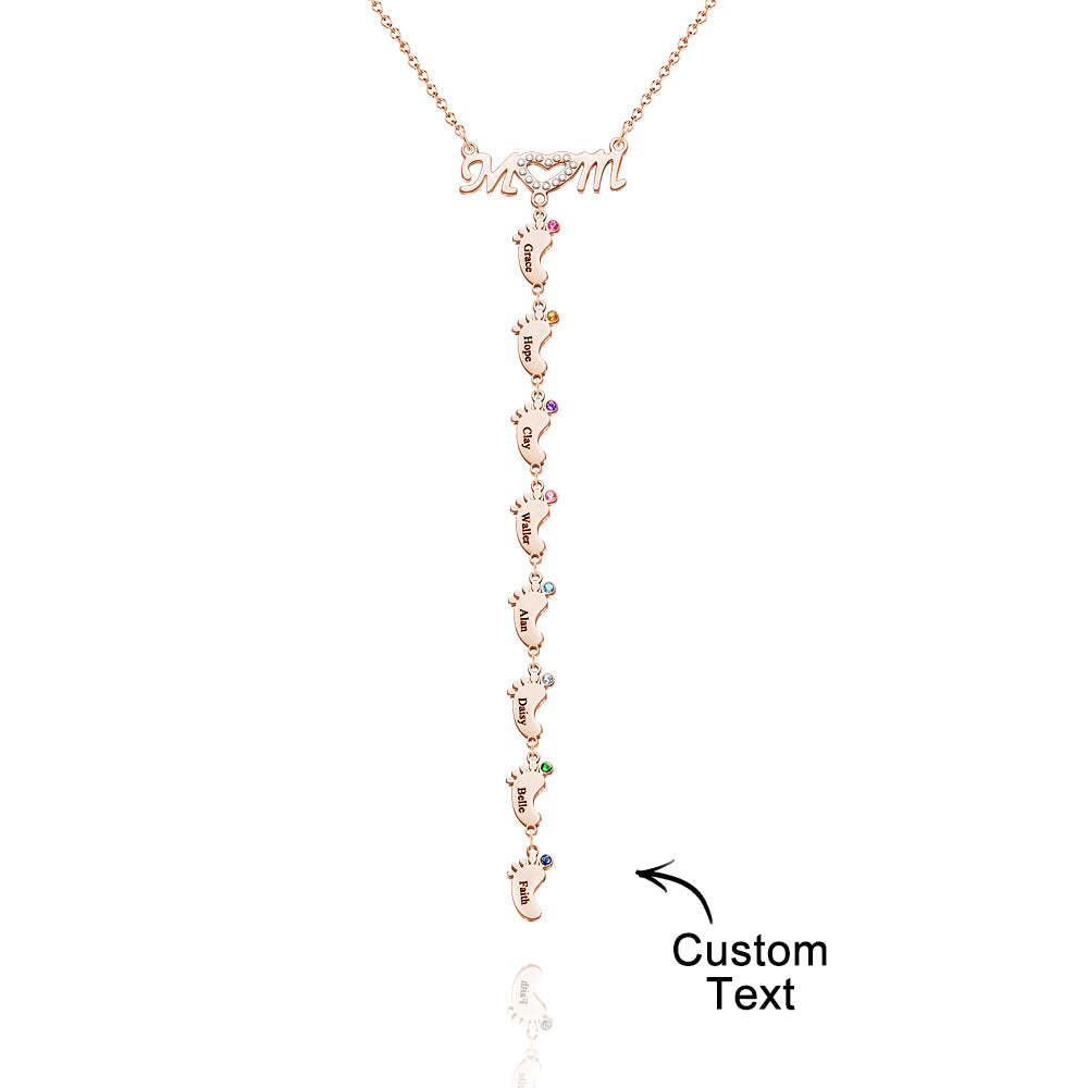 Mother's Necklace With Small Custom Name & Birthstone Baby Foot Charms - soufeelus