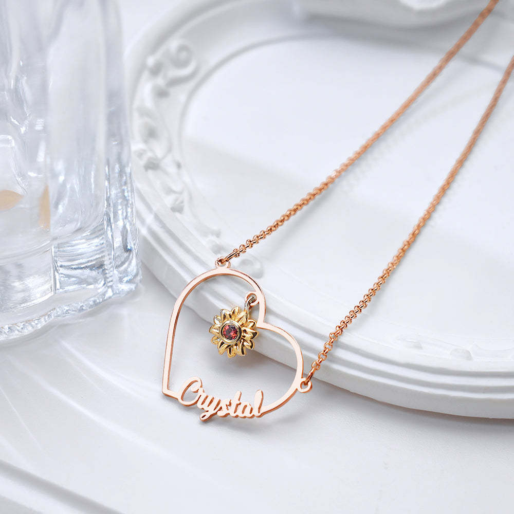 Personalized Heart-Shaped Sunflower Name Necklace with Birthstone Birthday Anniversary Gift for Her - soufeelus