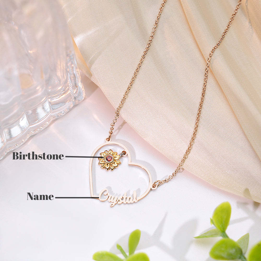 Personalized Heart-Shaped Sunflower Name Necklace with Birthstone Birthday Anniversary Gift for Her - soufeelus