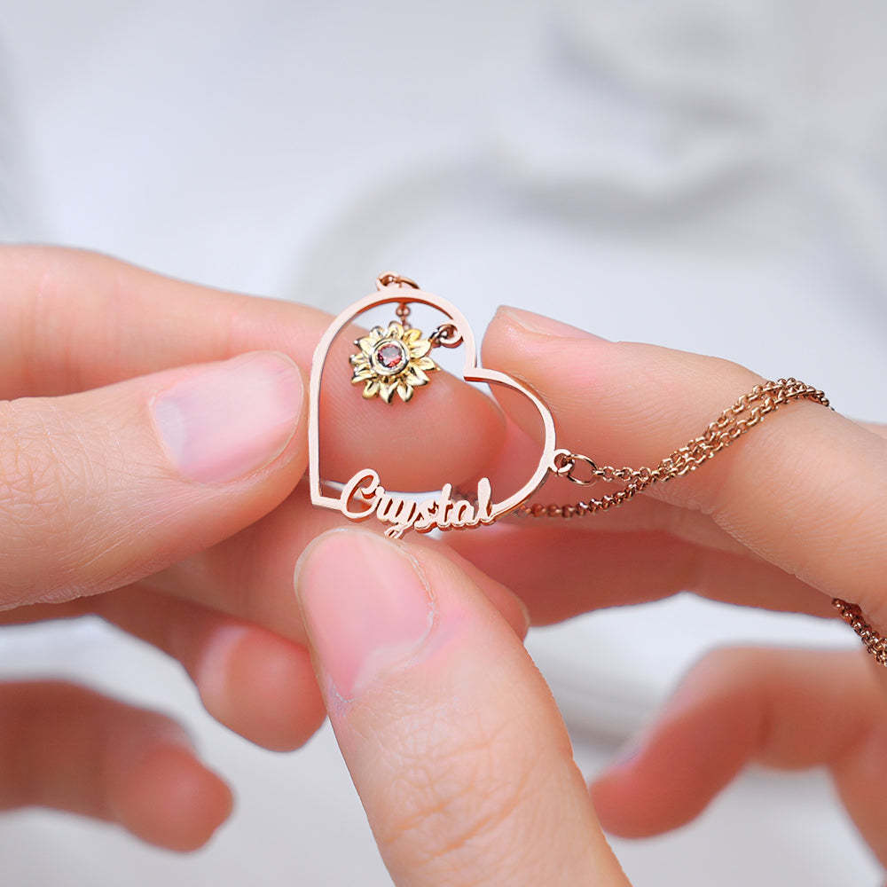 Personalized Heart-Shaped Sunflower Name Necklace with Birthstone Birthday Anniversary Gift for Her - soufeelus