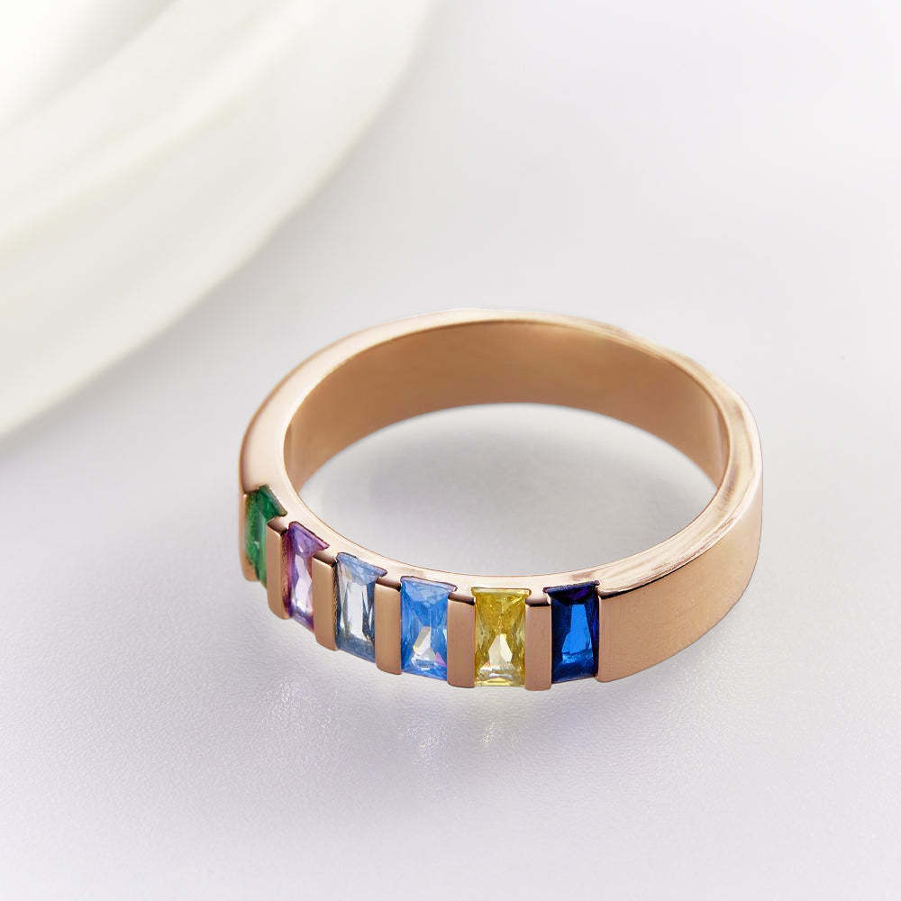 Custom Baguette Birthstone Ring Rose Gold Plated Personalized Family Ring Gift For Her - soufeelus