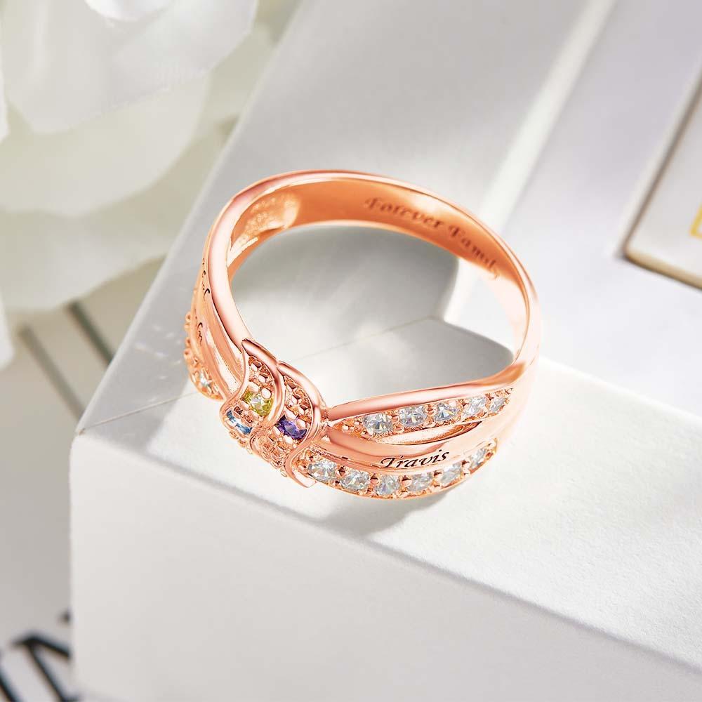 Custom Name and Text Birthstone Ring Rose Gold Plated Personalized Family Ring Gift For Her - soufeelus