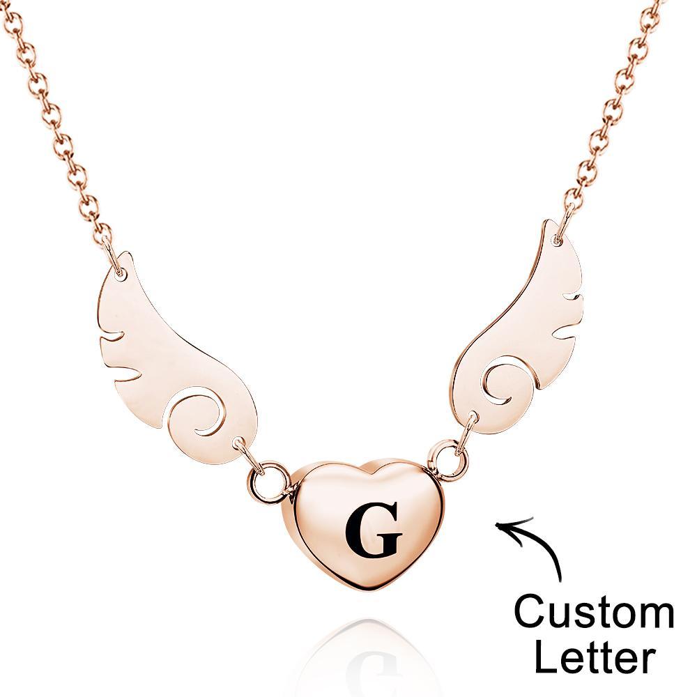 Custom Engraved Angel Wings Necklace With Letter Heart Charm Jewelry Gifts For Her - soufeelus