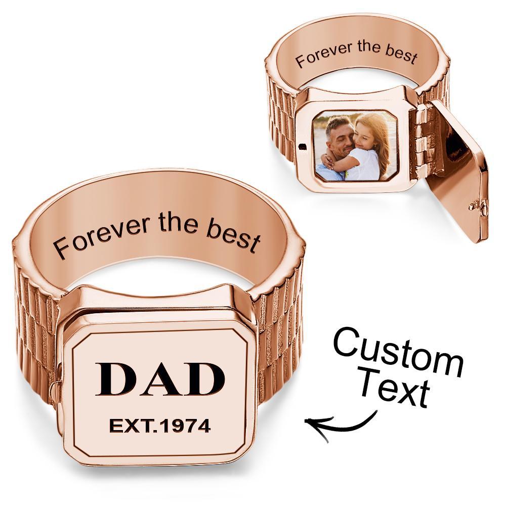 Photo Locket Ring for Dad That Holds Pictures inside Personalized Memorial Photo Locket Band Rings Gift for Dad Father Men Grandfather - soufeelus