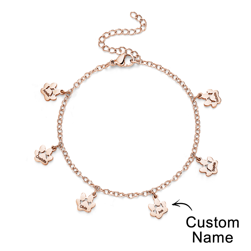 Custom Name Paw Print Bracelets 1-6 Names Dog Paw Bracelets Minimalist Cat Paw Bracelets for Pet Lover - soufeelus